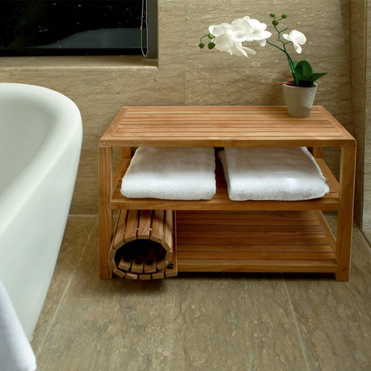 28" Teak Spa Bench With 2 Lower Shelves - Horizon - Teak HQ™