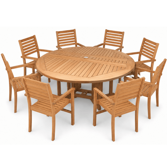 Round Teak Dining Table and Chairs - DropLeaf (Table) & Avant (8 Chairs) - Teak HQ™