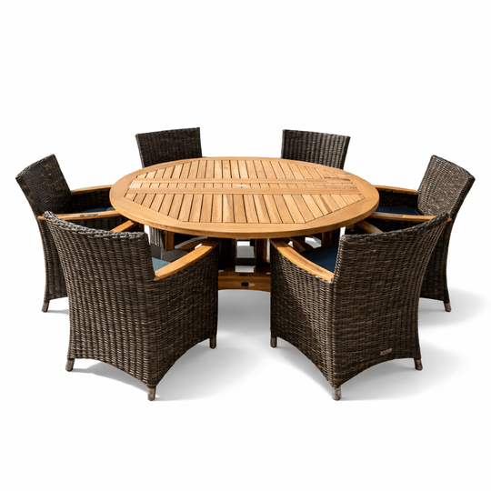 Round Teak Table and Chairs - DropLeaf (Table) & Helena (6 Chairs) - Teak HQ™