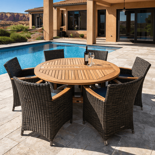 Round Teak Table and Chairs - DropLeaf (Table) & Helena (6 Chairs) - Teak HQ™