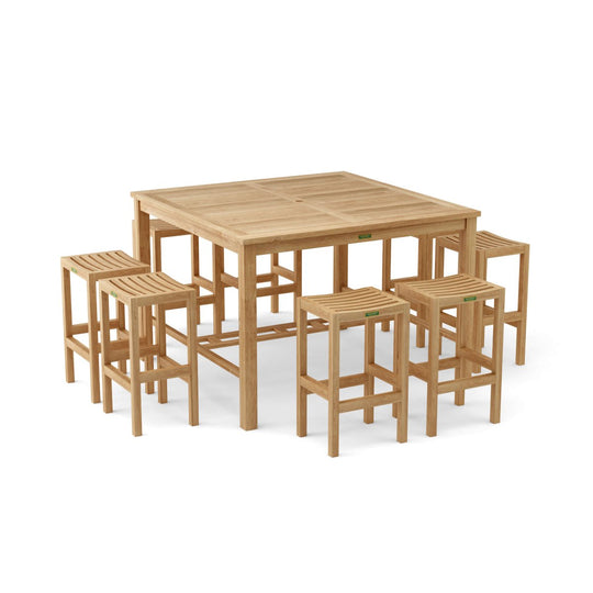 Teak Bar - Height Patio Set - Windsor (Table) & Montego (8 Bar Stools) - Teak HQ™