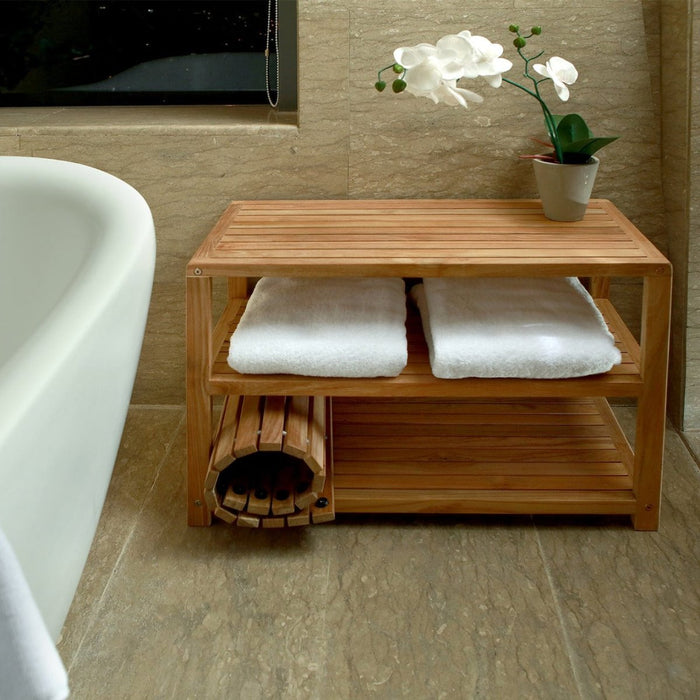 28" Teak Spa Bench With 2 Lower Shelves - Horizon - Teak HQ™