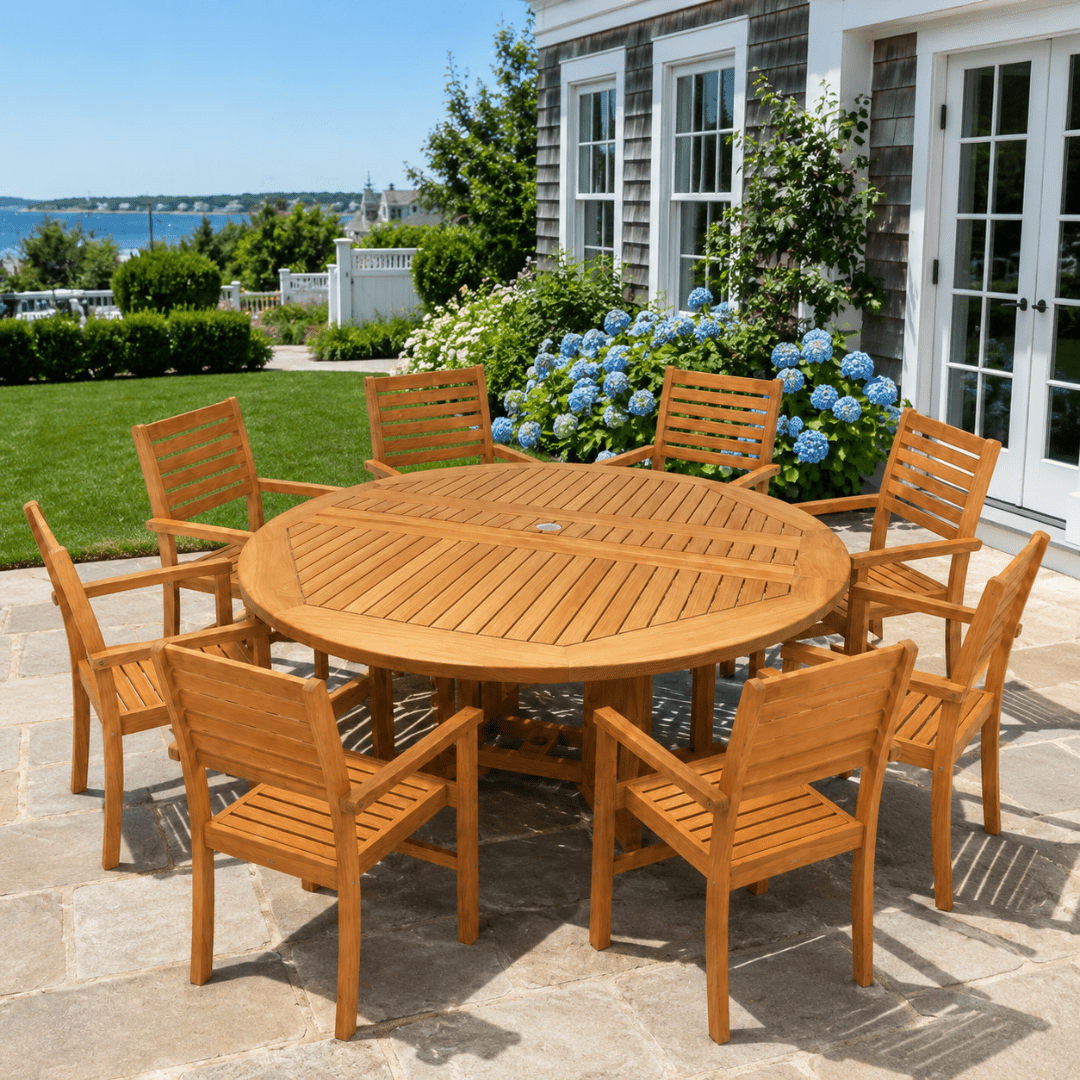 Round Teak Dining Table and Chairs - DropLeaf (Table) & Avant (8 Chairs) - Teak HQ™