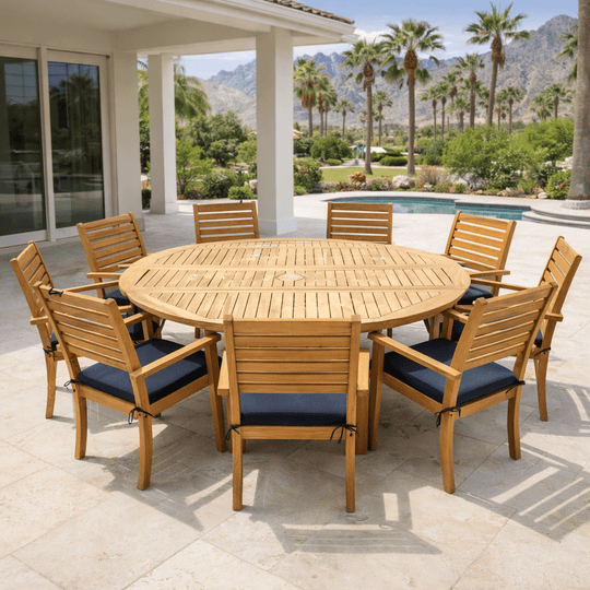 Round Teak Dining Table and Chairs - DropLeaf (Table) & Avant (8 Chairs) - Teak HQ™