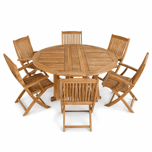 Round Teak Outdoor Dining Table Set - DropLeaf (Table) & Sailor (6 Chairs) - Teak HQ™