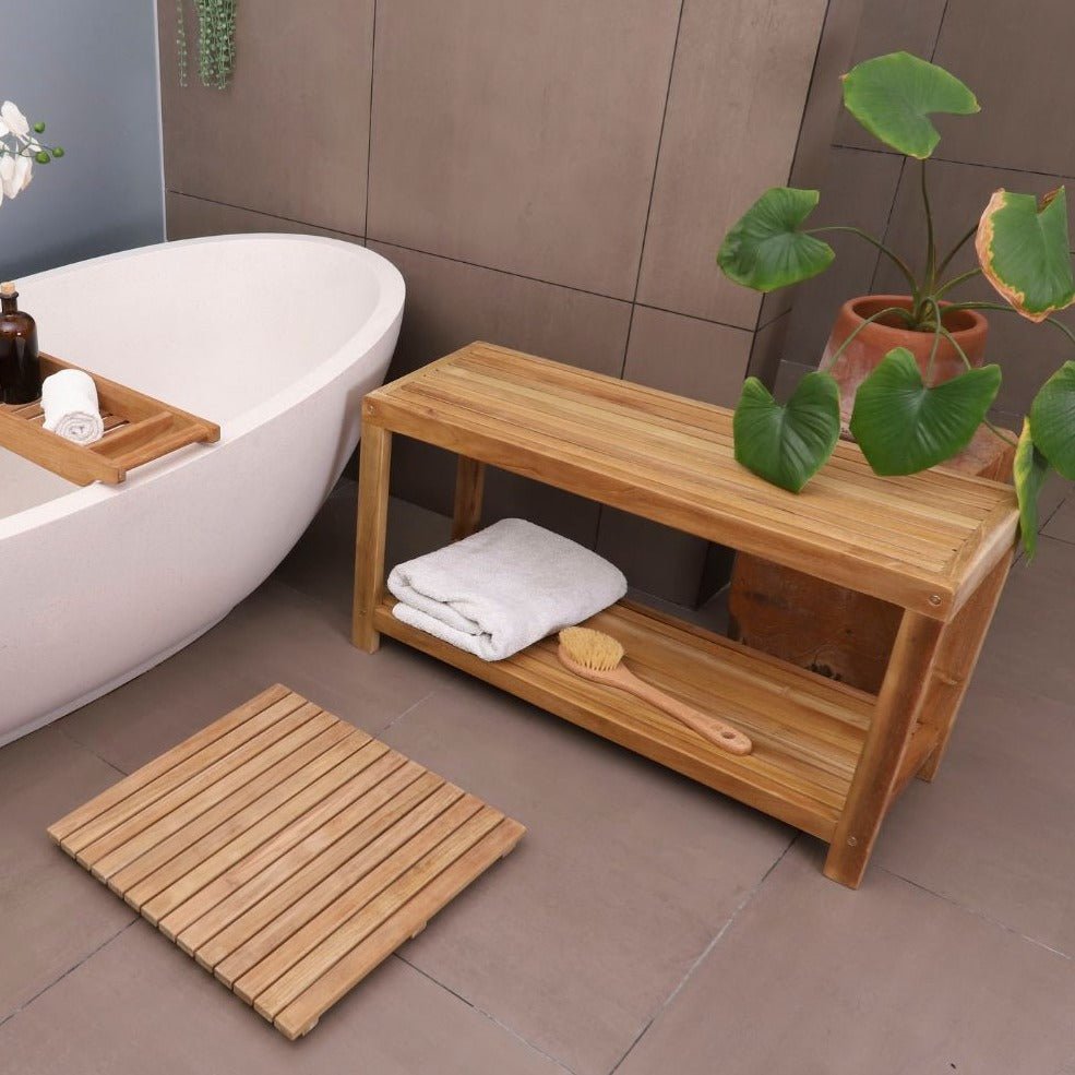 Teak Bath/Spa Bench With Lower Shelf - Santori - Teak HQ™