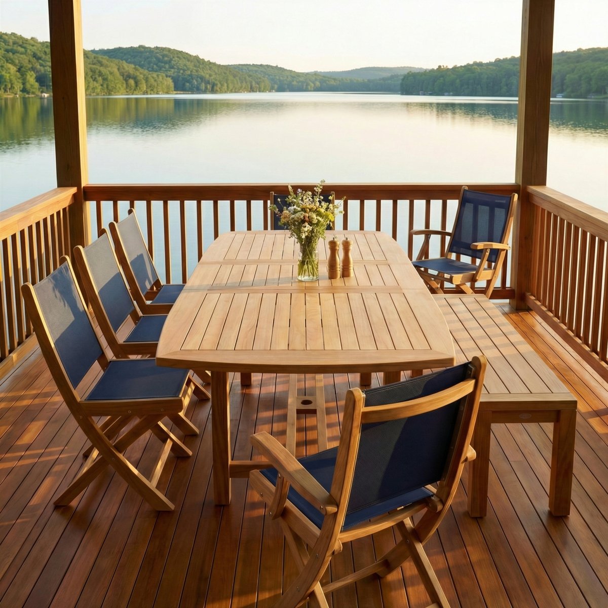 Teak outdoor patio table set on a beautiful patio