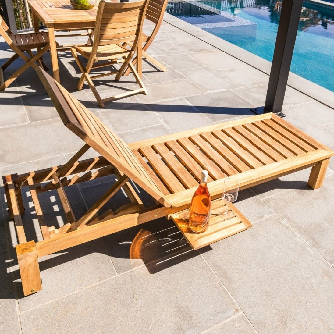 Teak Outdoor Chaise Lounger With Slide - Out Side Table - Cancun - Teak HQ™