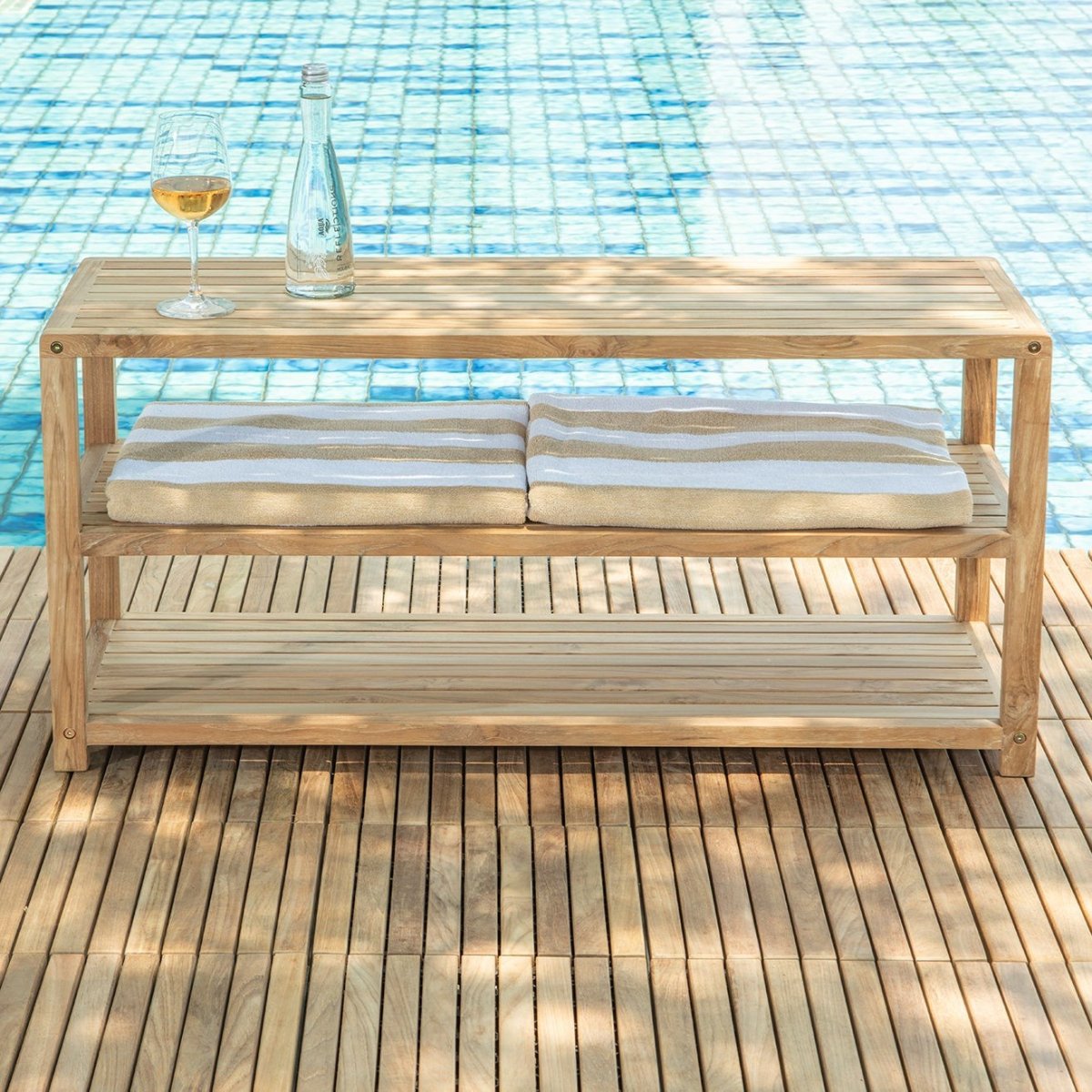 Teak Storage Spa Bench With 2 Lower Shelves - Horizon - Teak HQ™