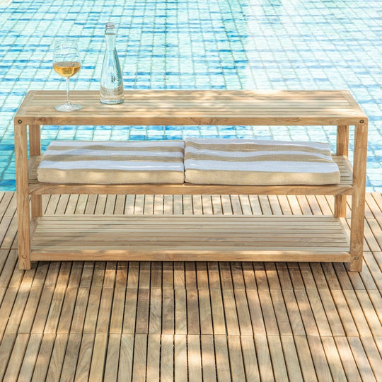 Teak Storage Spa Bench With 2 Lower Shelves - Horizon - Teak HQ™