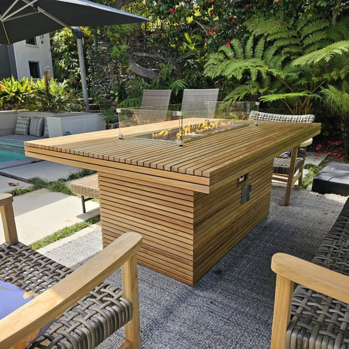 Teak Wood Propane Fire Pit Table (72" Long Rectangle) - Louvre - Teak HQ™