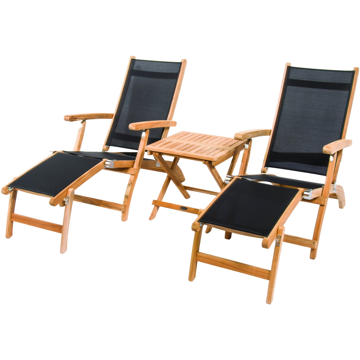 Royal Teak 3-Piece Steamer Folding Sling Lounge Chair & Picnic Table Set