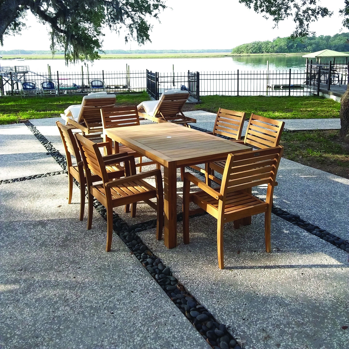 Royal Teak Dining Set with 63" Comfort Table and 6 Avant Arm Chairs