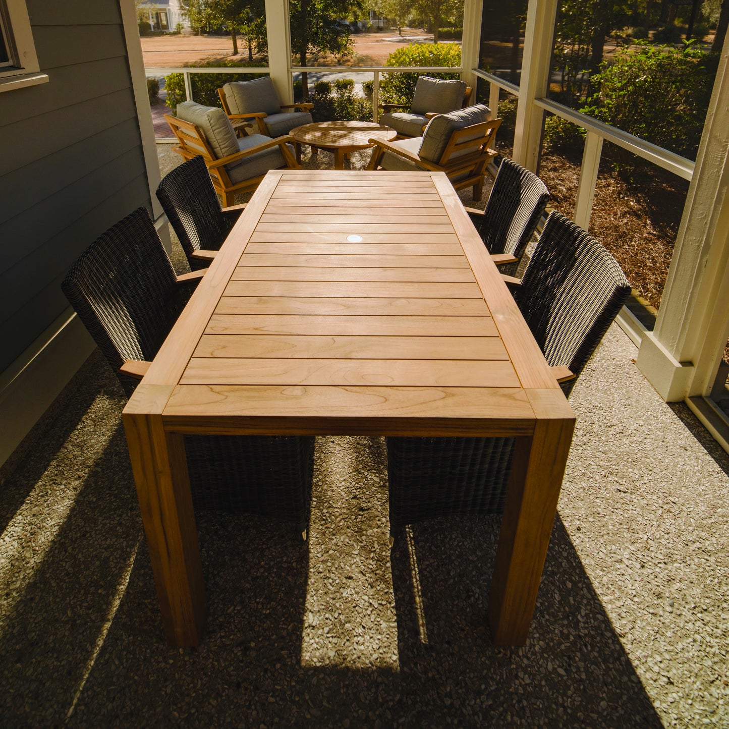 Royal Teak 63" Comfort Table with 4 Helena Wicker Chairs