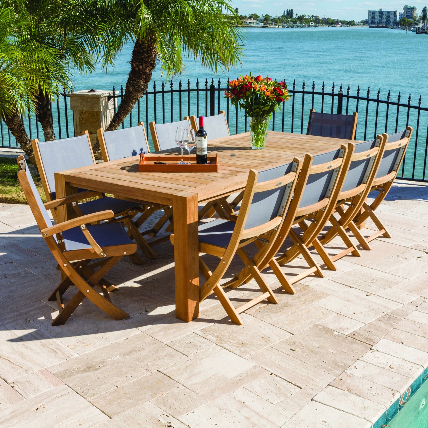 Royal Teak Dining Set with 96" Comfort Table and 10 Sailmate Sling Chairs