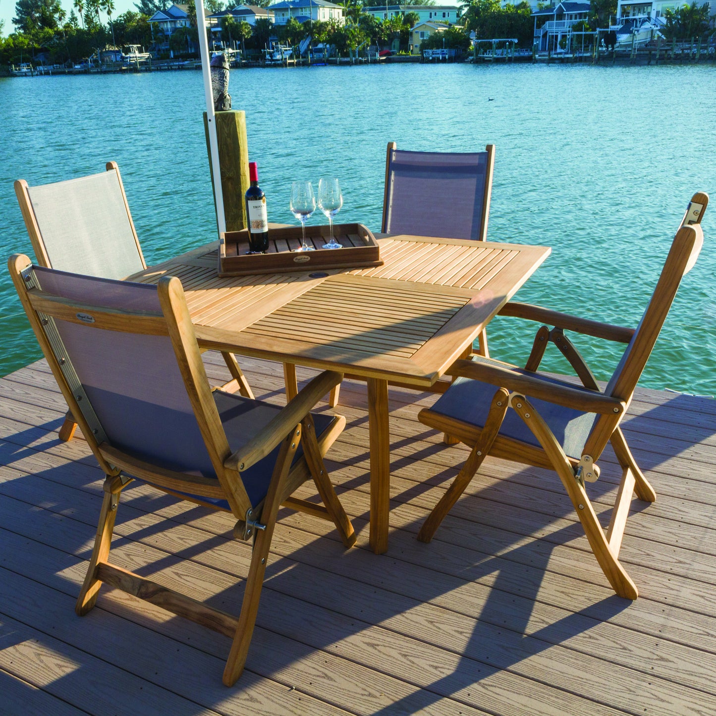 Royal Teak 50" Square Dolphin Table with 4 Florida Reclining Sling Chairs