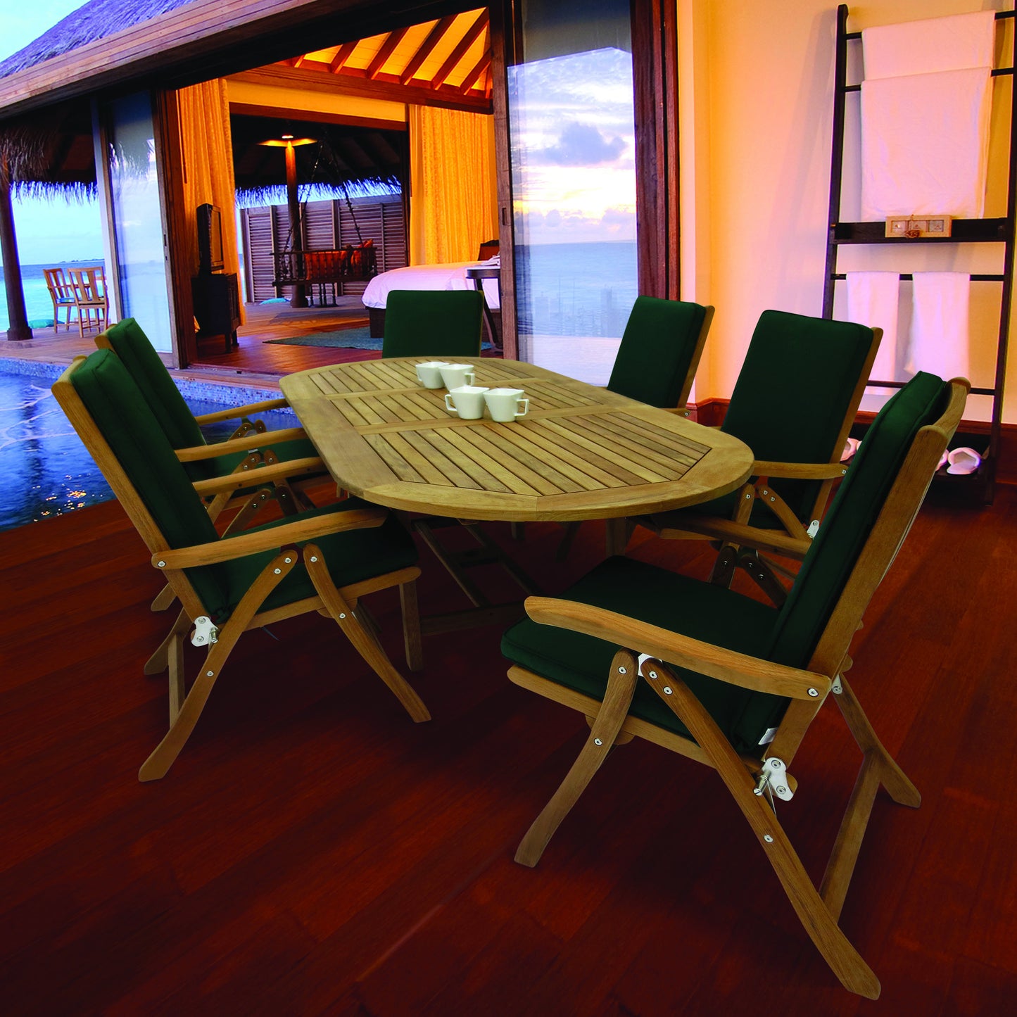 Royal Teak Family 72"-96" Oval Expansion Table with 6 Estate Chairs