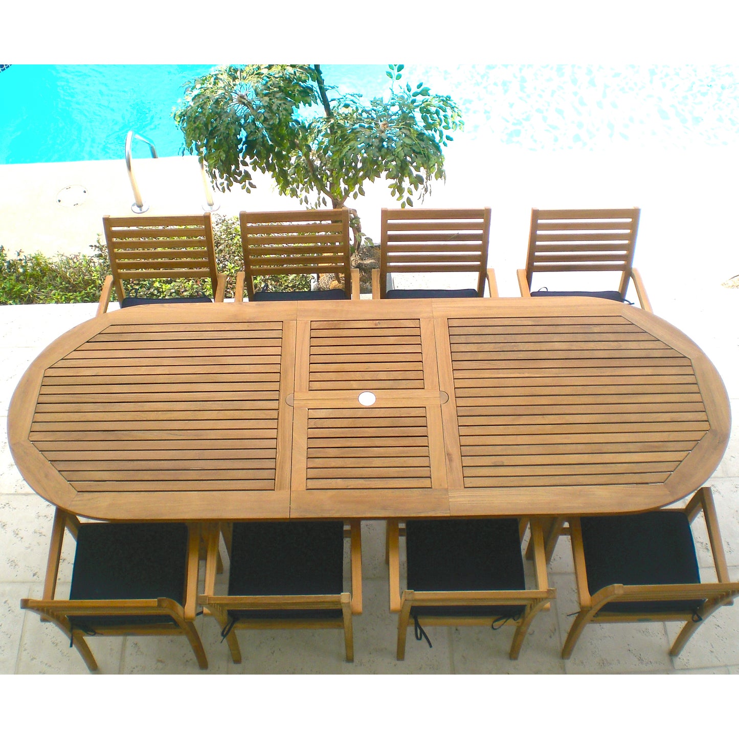 Royal Teak 96"-120" Family Oval Expansion Table with 8 Avant Arm Chairs