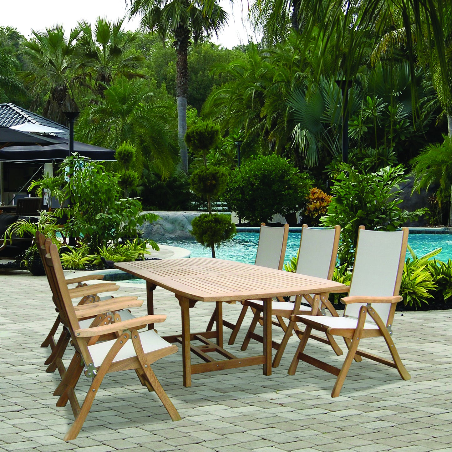 Royal Teak Family 72"-96" Rectangular Expansion Table Set With 6 Florida Sling Chairs
