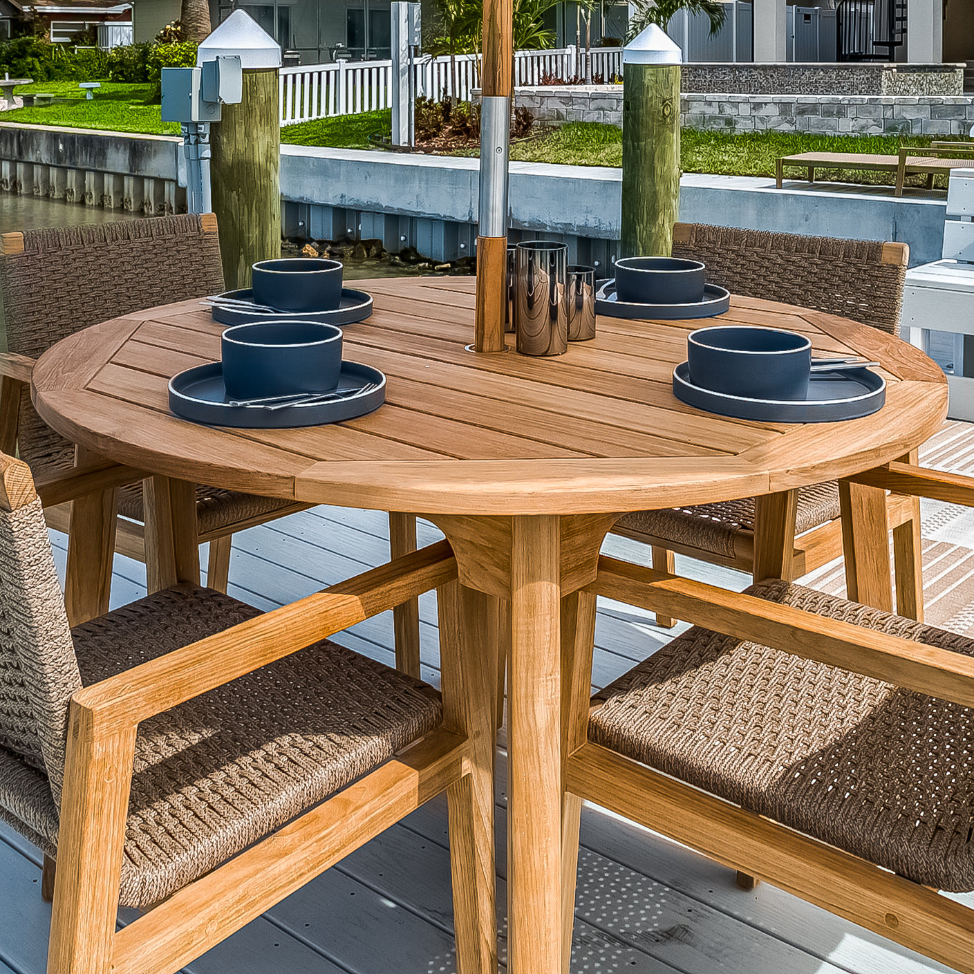 Teak round garden table and chairs new arrivals