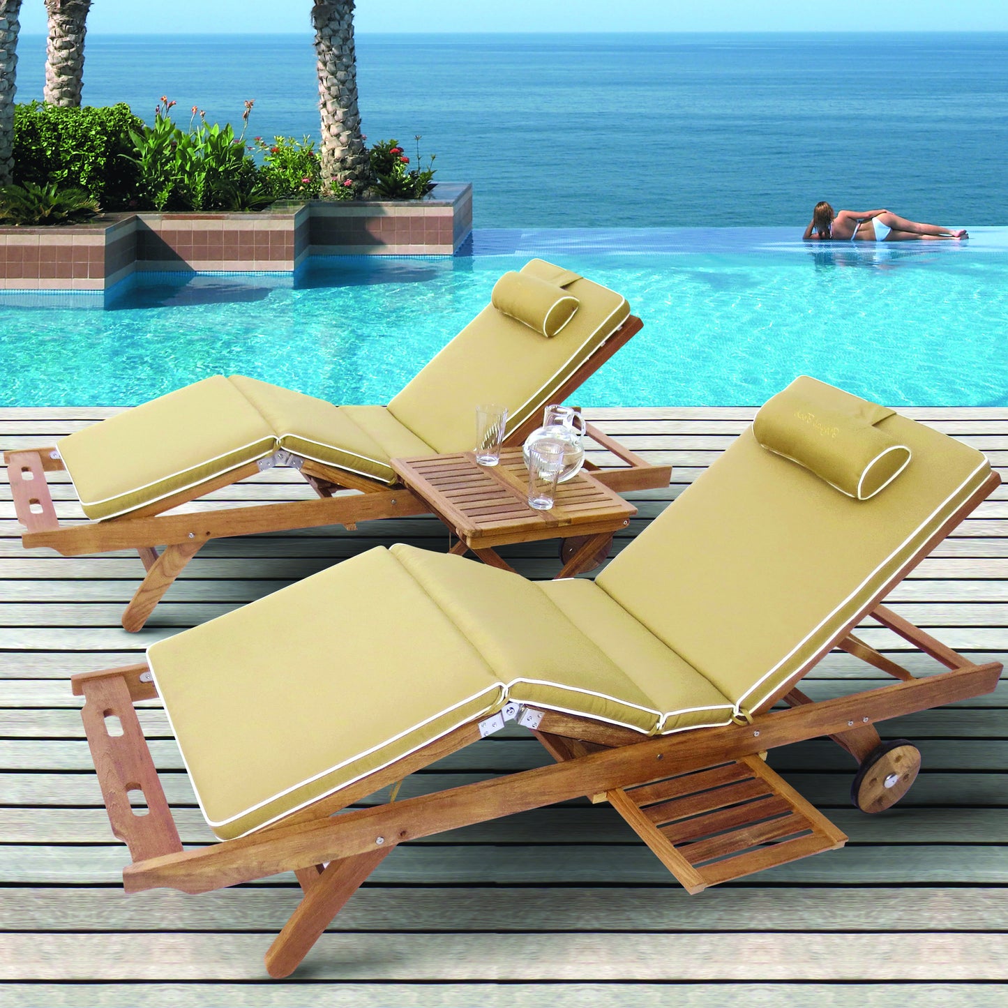 Royal Teak 3-Piece Rolling Sun Bed & Picnic Table Set